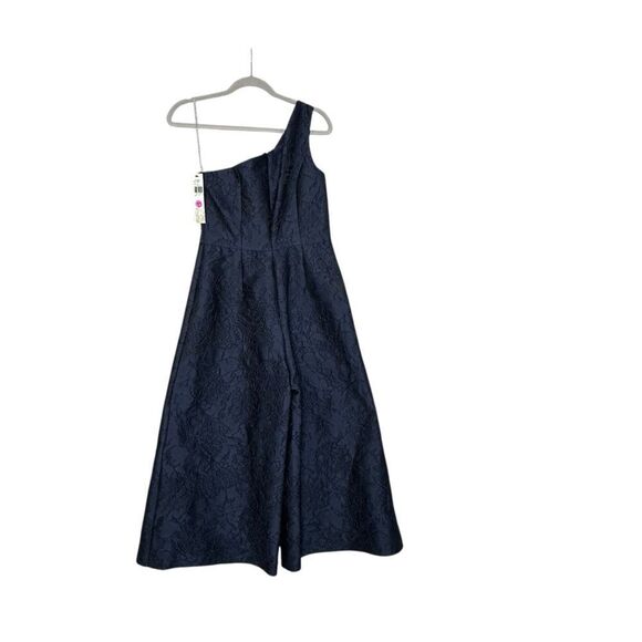 Kay Unger Pandora Blue Floral Jacquard Cropped One Shoulder Jumpsuit| Size 6 - Picture 7 of 11